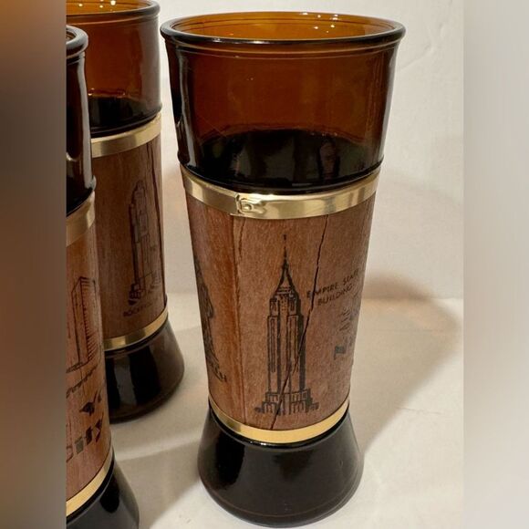 Vintage Siesta Ware “New York City” Glasses – Set of 4 with Walnut Wood Jacket - Picture 7 of 9